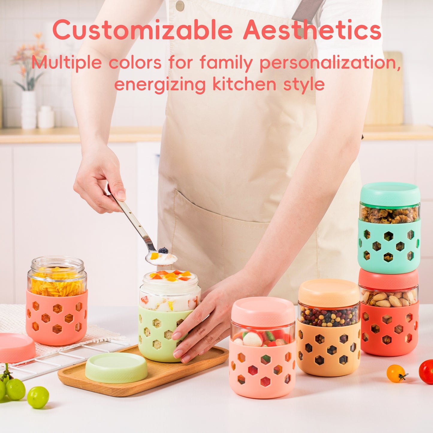 Micebay 6-Pack 16 oz Glass Mason Jars with Silicone Sleeves, Airtight BPA-Free Overnight Oats Containers with Lids, Dishwasher Safe Leak-Proof Meal Prep Jars for Chia Pudding, Yogurt, Snacks