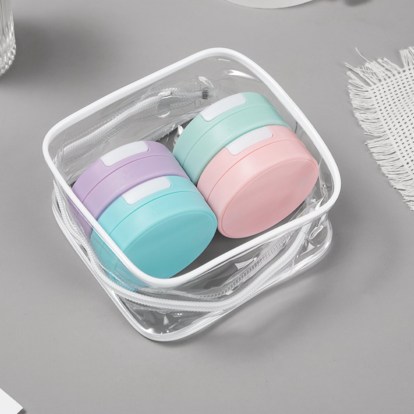 Micebay Travel Containers for Toiletries, Silicone Cream Jars TSA Approved Travel Size Containers with Clear Bag, Leak-proof Travel Accessories with Lid for Cosmetic Face Body Hand Cream (4 Pack)