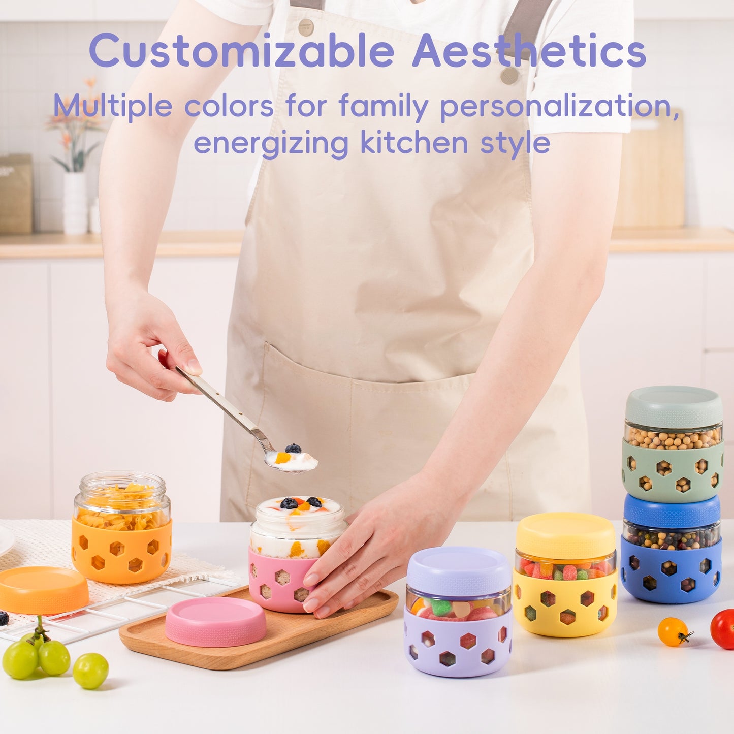 Micebay 6-Pack 10 oz Glass Mason Jars with Silicone Sleeves, Airtight BPA-Free Overnight Oats Containers with Lids, Dishwasher Safe Leak-Proof Meal Prep Jars for Chia Pudding, Yogurt, Snacks