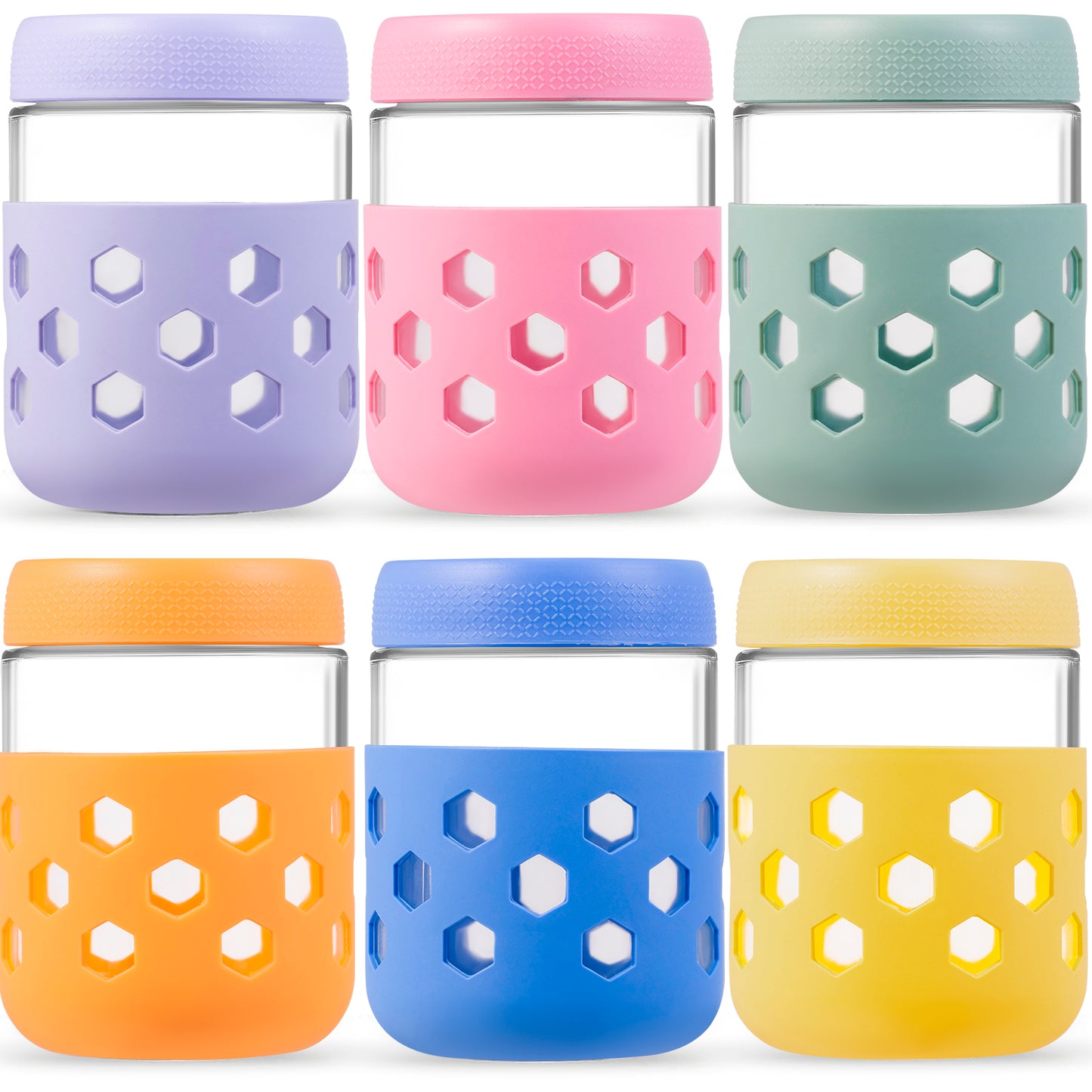 Micebay 6-Pack 16 oz Glass Mason Jars with Silicone Sleeves, Airtight BPA-Free Overnight Oats Containers with Lids, Dishwasher Safe Leak-Proof Meal Prep Jars for Chia Pudding, Yogurt, Snacks