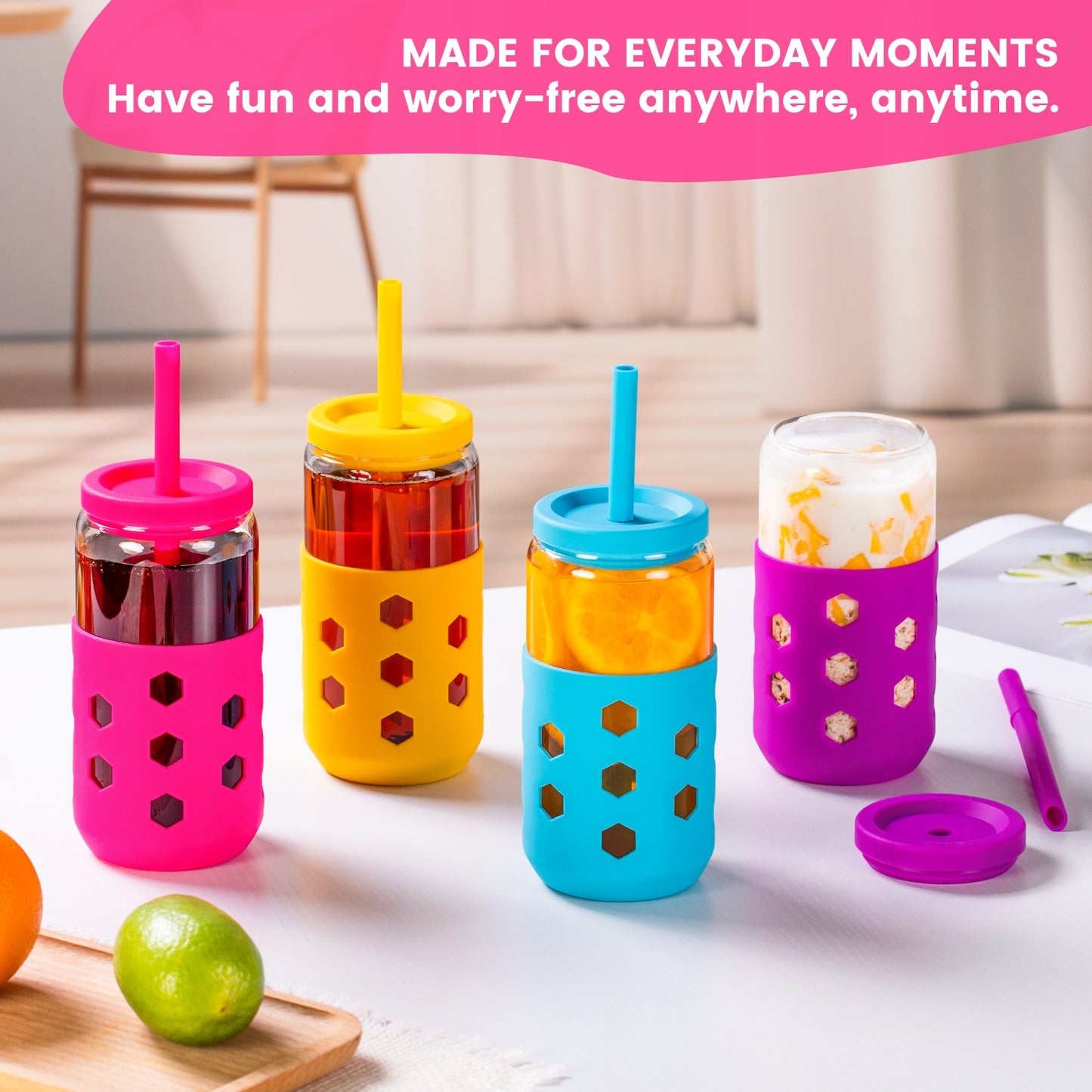 Micebay Glass Cups with Silicone Lids and Straws (4 Pcs), 16oz Drinking Glasses Set with Silicone Sleeves for Coffee Bar Accessories Iced Coffee Cups with Lids, Glass Tumbler Reusable for Gifts
