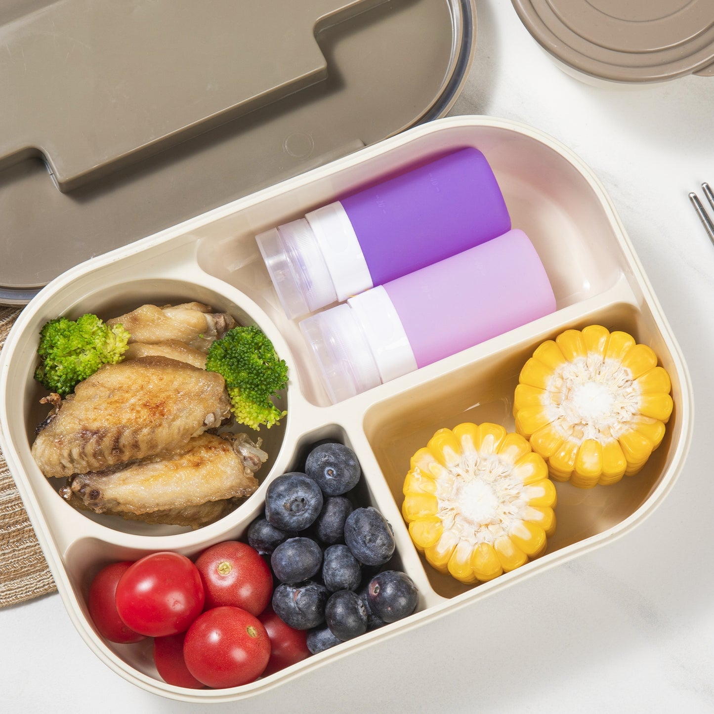 Micebay 2 oz Silicone Condiment Squeeze Bottles, Leakproof Mini Sauce Containers with Reusable Bag, 4-Pack for Meal Prep and Bento Boxes, Purple