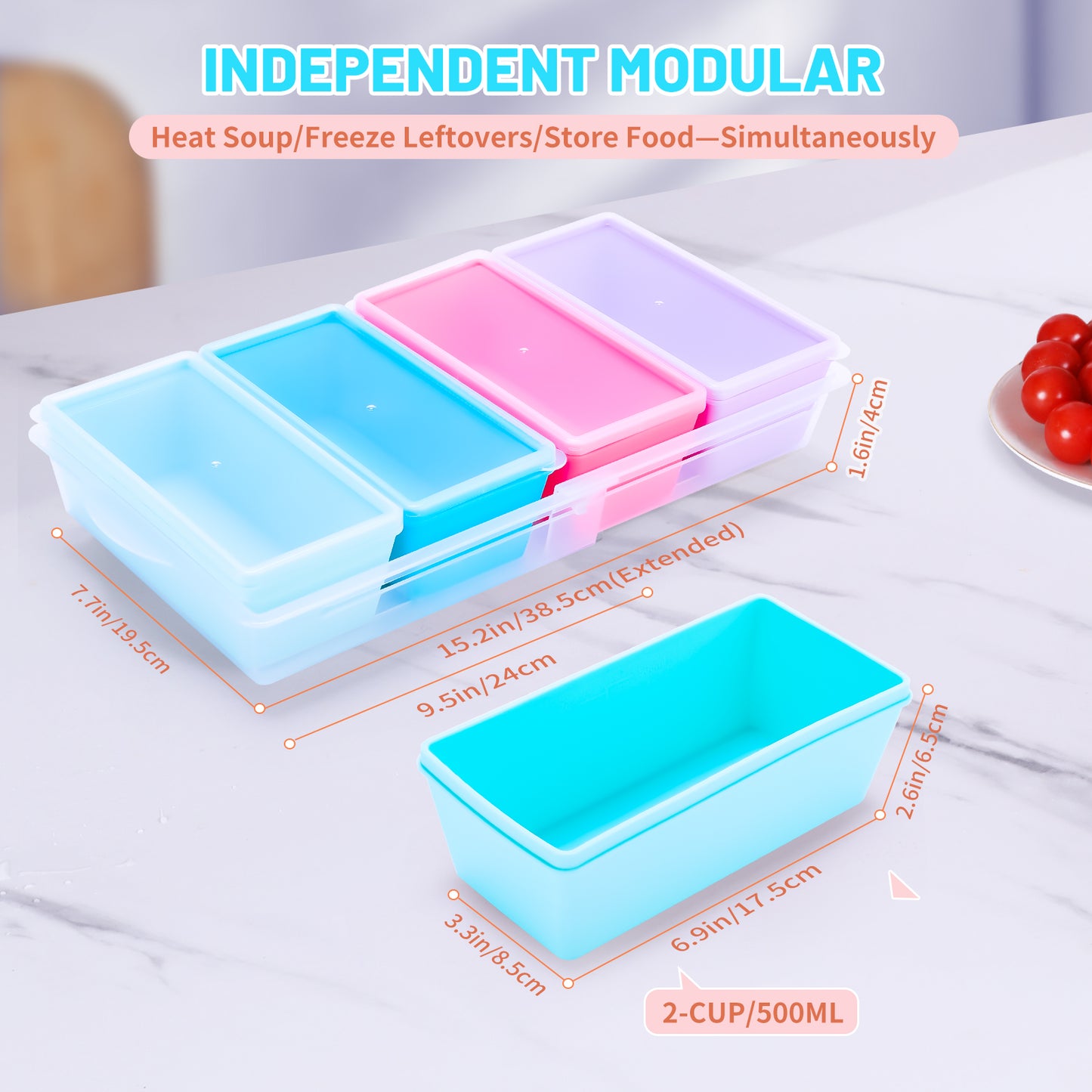 Micebay BPA-Free Silicone Freezer Molds with Base, Individual 4-Pack 2-Cup Portion Soup Cubes Freezer Tray with Lids for Food Storage, Oven & Dishwasher Safe, Silicone Freezer Containers for Meal Prep