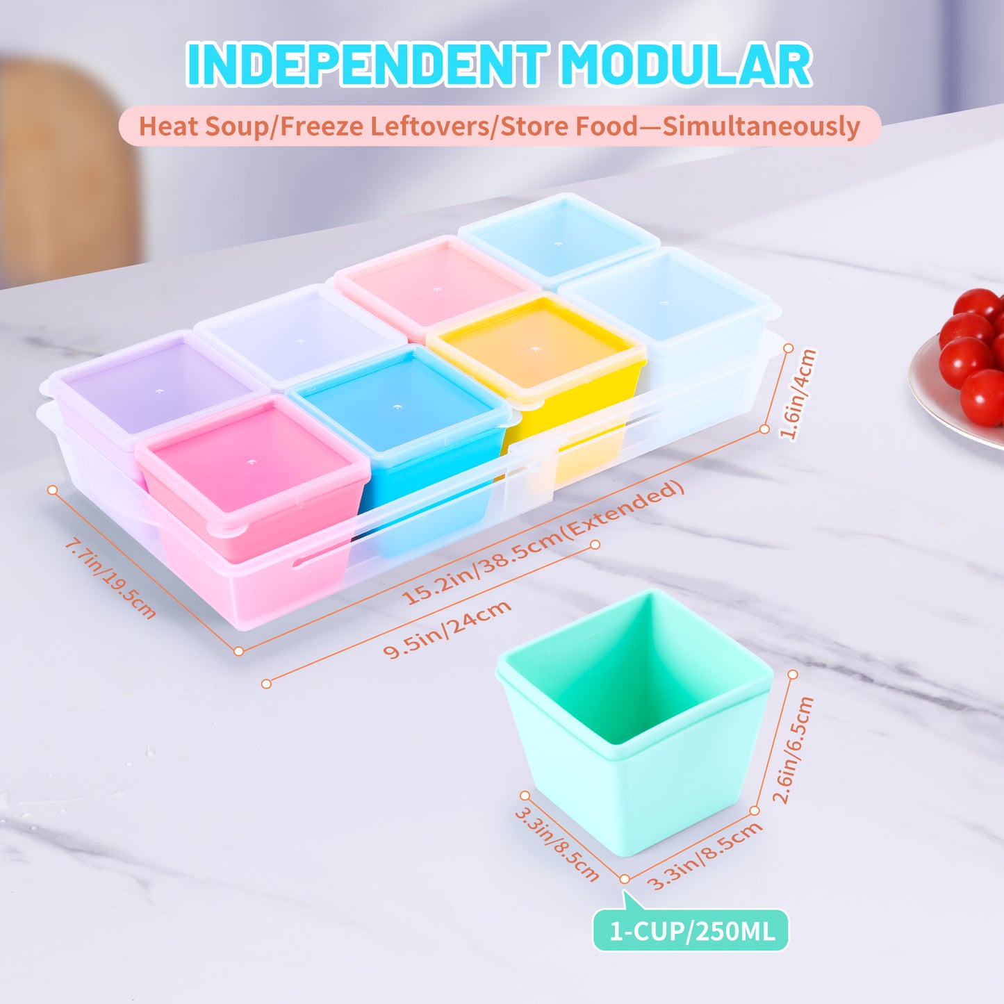 Micebay BPA-Free Silicone Freezer Molds with Base, Individual 8-Pack 1-Cup Portion Soup Cubes Freezer Tray with Lids for Food Storage, Oven & Dishwasher Safe, Silicone Freezer Containers for Meal Prep