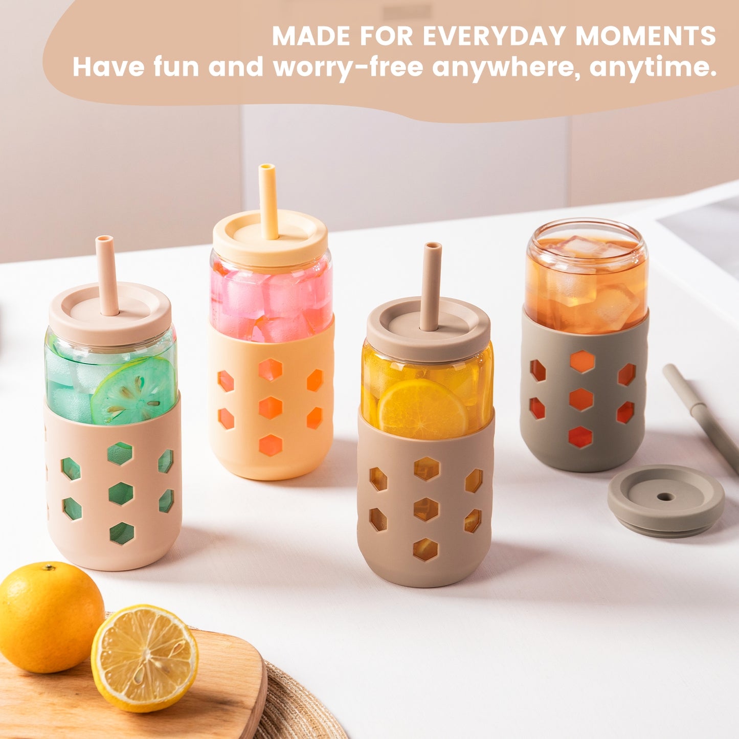 Micebay Glass Cups with Lids and Straws (4 Pack), 16oz Drinking Glasses Set with Silicone Sleeves for Coffee Bar Accessories Iced Coffee Cups with Lids, Glass Tumbler Reusable for Gifts