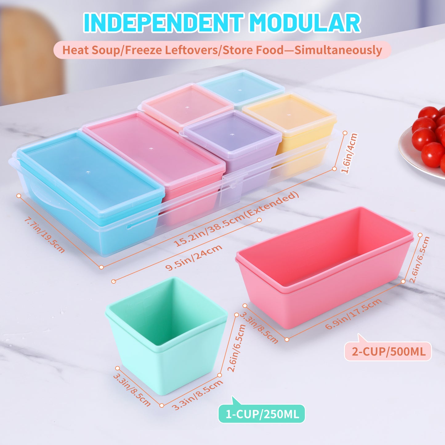 Micebay BPA-Free Silicone Freezer Molds with Base, Individual 6-Pack 1-Cup & 2-Cup Portion Soup Cubes Freezer Tray with Lid for Food Storage, Dishwasher Safe, Silicone Freezer Containers for Meal Prep