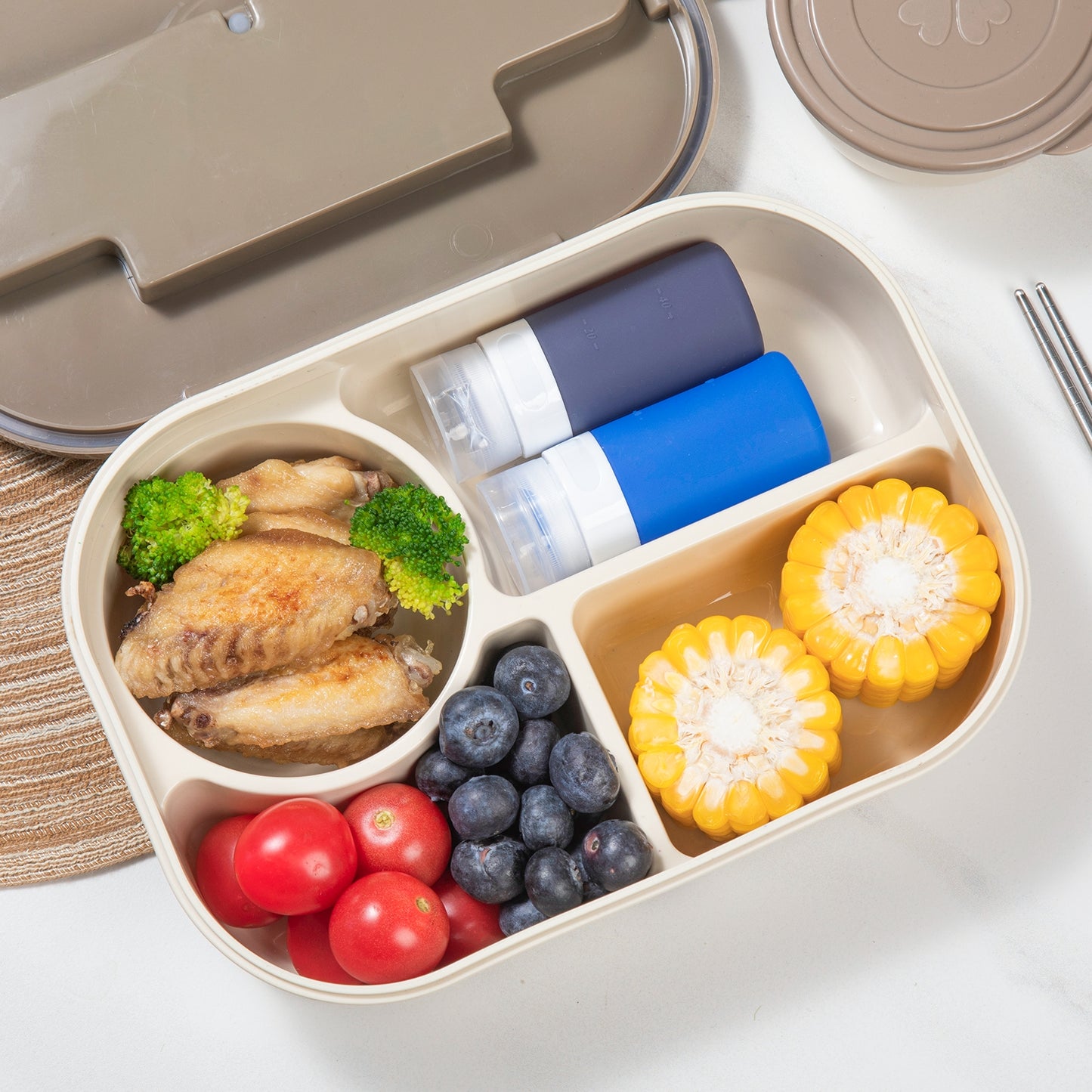 Micebay 2 oz Silicone Condiment Squeeze Bottles, Leakproof Mini Sauce Containers with Reusable Bag, 4-Pack for Meal Prep and Bento Boxes, Blue