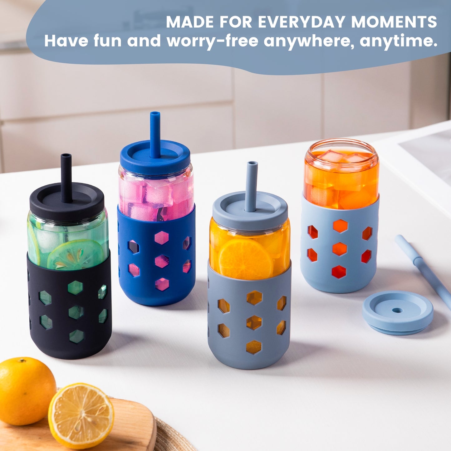 Micebay Glass Cups with Lids and Straws (4 Pack), 16oz Drinking Glasses Set with Silicone Sleeves for Coffee Bar Accessories Iced Coffee Cups with Lids, Glass Tumbler Reusable for Gifts