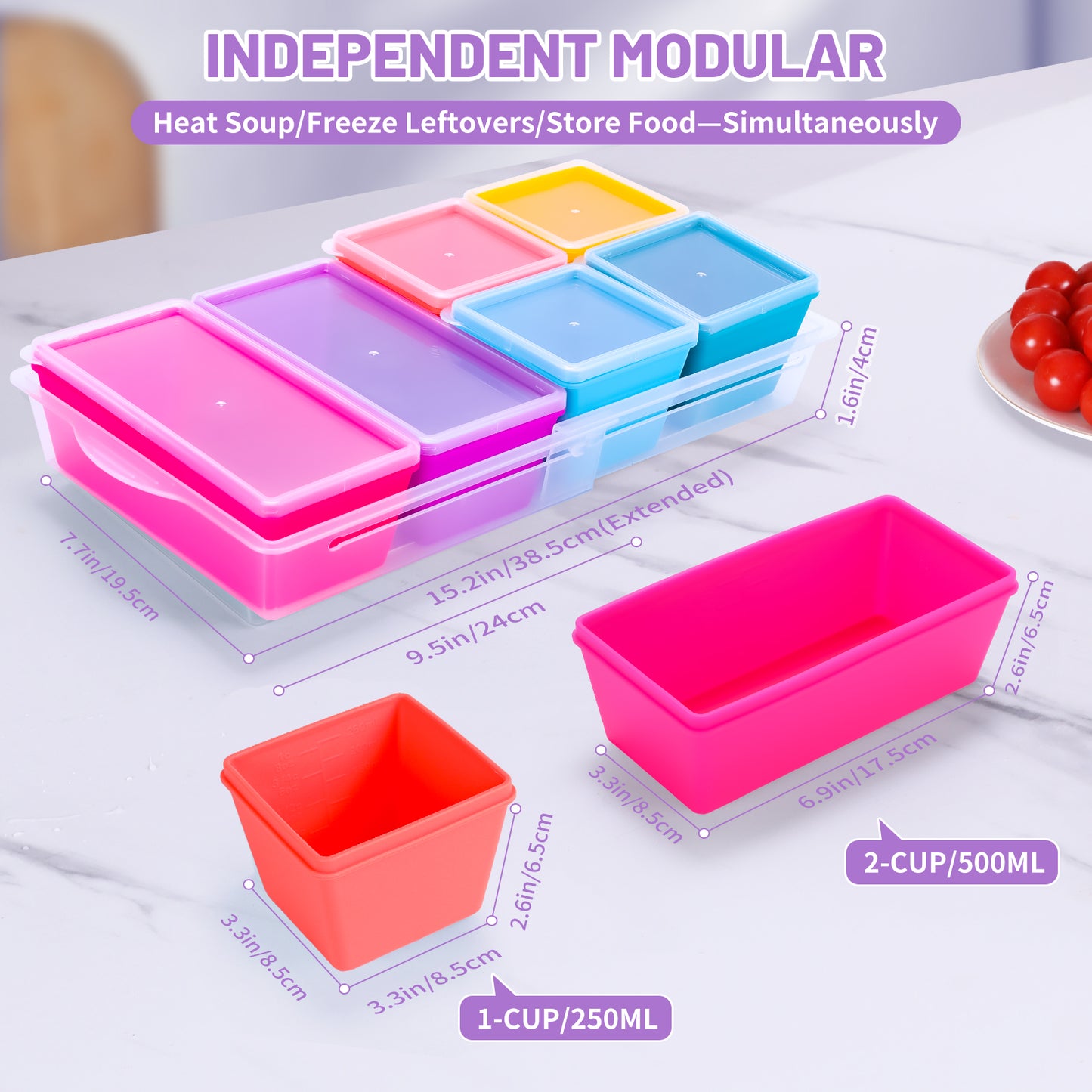 Micebay BPA-Free Silicone Freezer Molds with Base, Individual 6-Pack 1-Cup & 2-Cup Portion Soup Cubes Freezer Tray with Lid for Food Storage, Dishwasher Safe, Silicone Freezer Containers for Meal Prep
