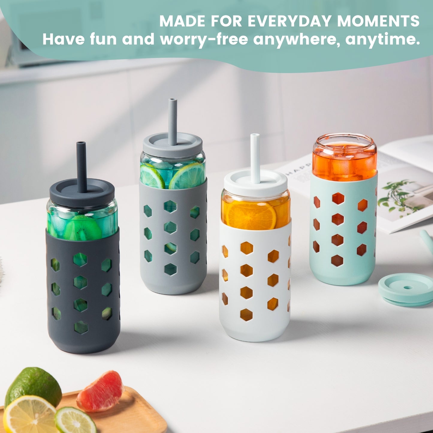 Micebay Glass Cups with Lids and Straws (4 Pcs), 20oz Drinking Glasses Set with Silicone Sleeves for Coffee Bar Accessories Iced Coffee Cups with Lids, Glass Tumbler Reusable for Gifts
