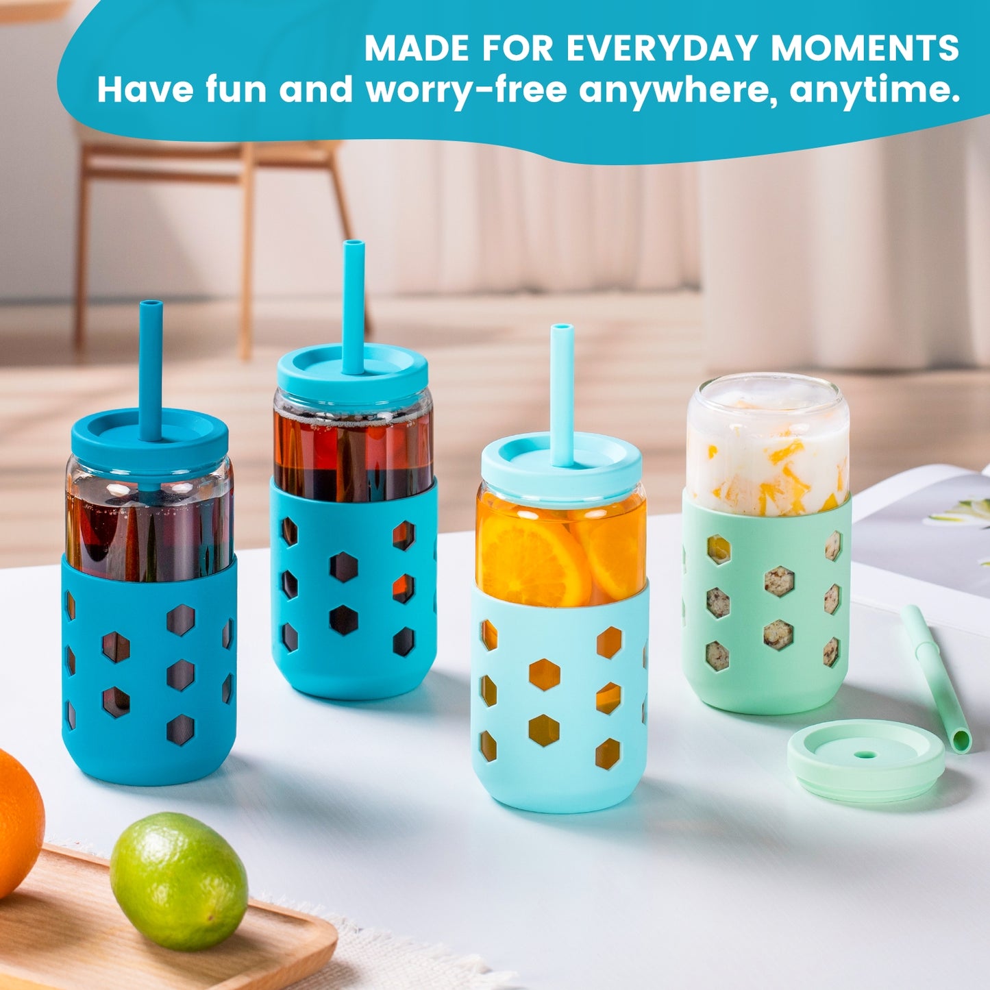 Micebay Glass Cups with Silicone Lids and Straws (4 Pcs), 16oz Drinking Glasses Set with Silicone Sleeves for Coffee Bar Accessories Iced Coffee Cups with Lids, Glass Tumbler Reusable for Gifts