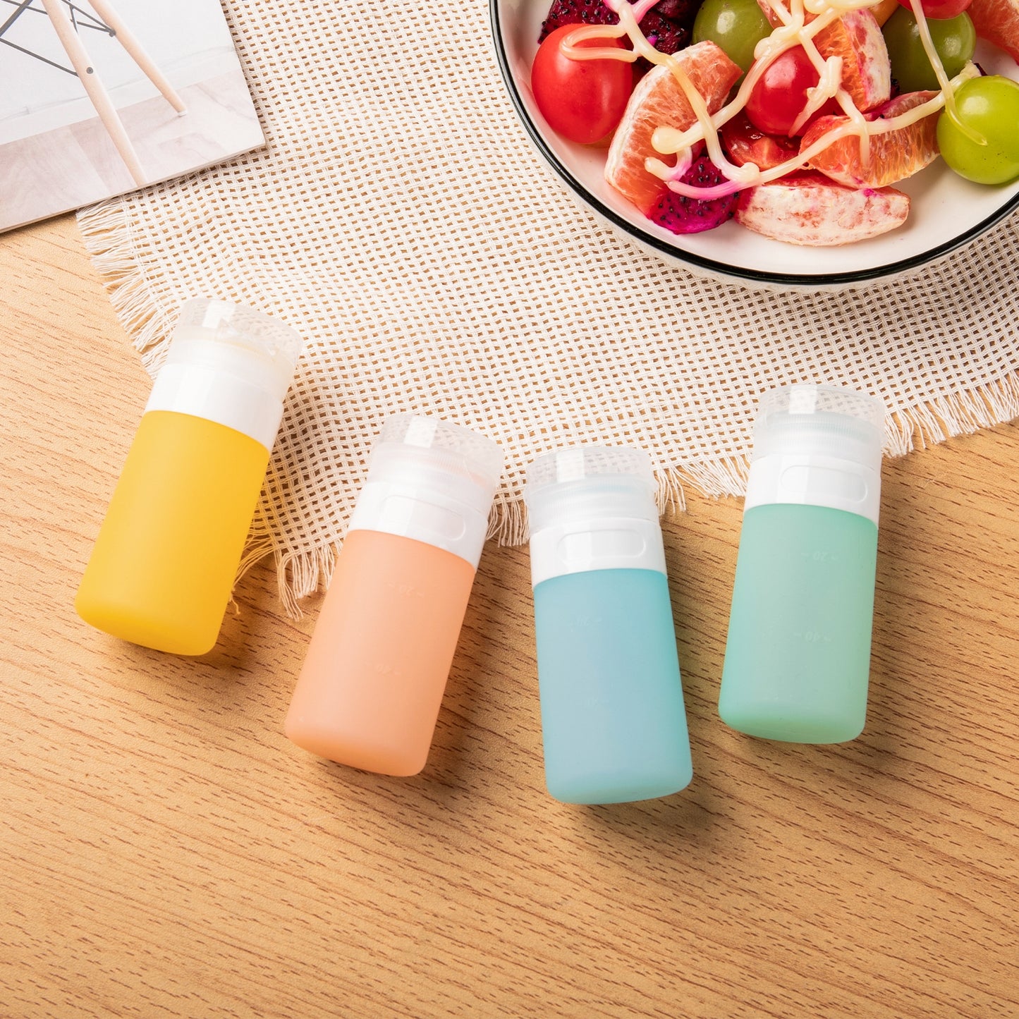 Micebay 2 oz Silicone Condiment Squeeze Bottles, Leakproof Mini Sauce Containers with Reusable Bag, 4-Pack for Meal Prep and Bento Boxes, Candies