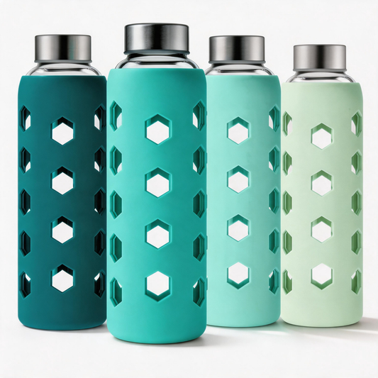 Micebay Glass Juice Bottles with Lids and Silicone Sleeves 18 oz, 4-Pack Reusable Clear Glass Water Bottles with Stainless Steel Airtight Cap for Juicing, Refrigerator, BPA Free Leak-Proof Drinking Jar