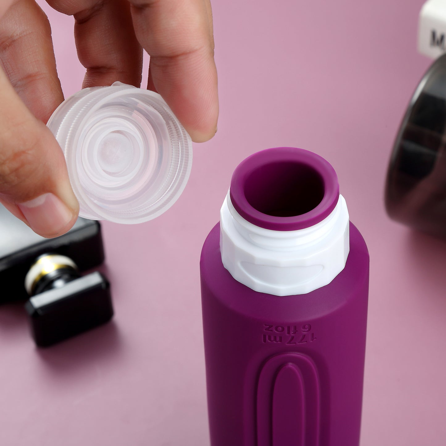 Micebay Leak-Proof 6-oz Silicone Squeezable Travel Bottles for Toiletries, Refillable Travel Size Containers, BPA Free, TSA Approved, Dark-purple, 4 Pack