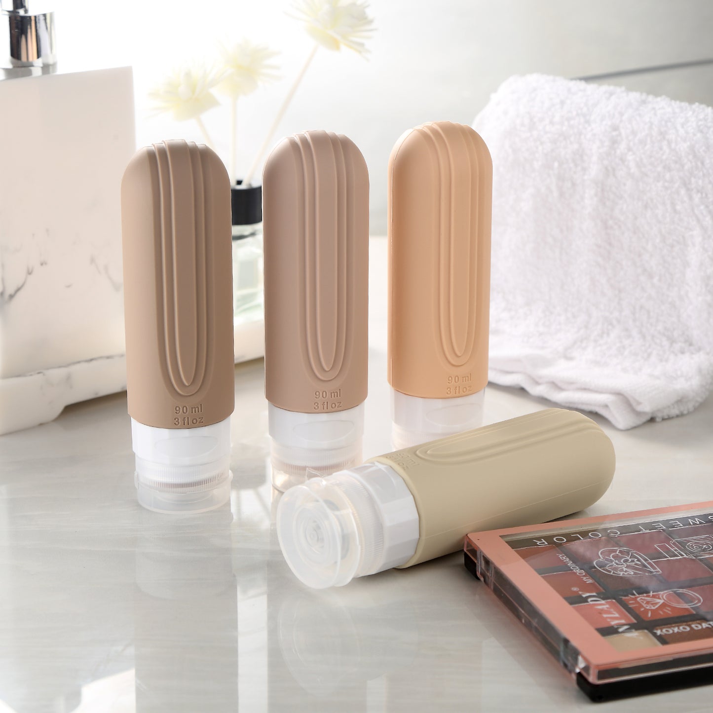 Micebay Leak-Proof 3-oz Silicone Squeezable Travel Bottles for Toiletries, Refillable Travel Size Containers, BPA Free, TSA Approved, Cream, 4 Pack