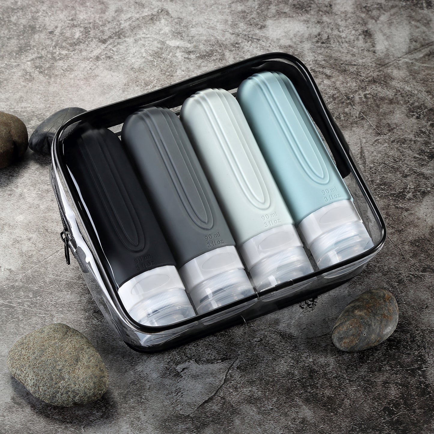 Micebay Leak-Proof 3oz Silicone Squeezable Travel Bottles for Toiletries, Refillable Travel Size Containers for Lotion, BPA Free, TSA Approved, Gray, 4 Pack