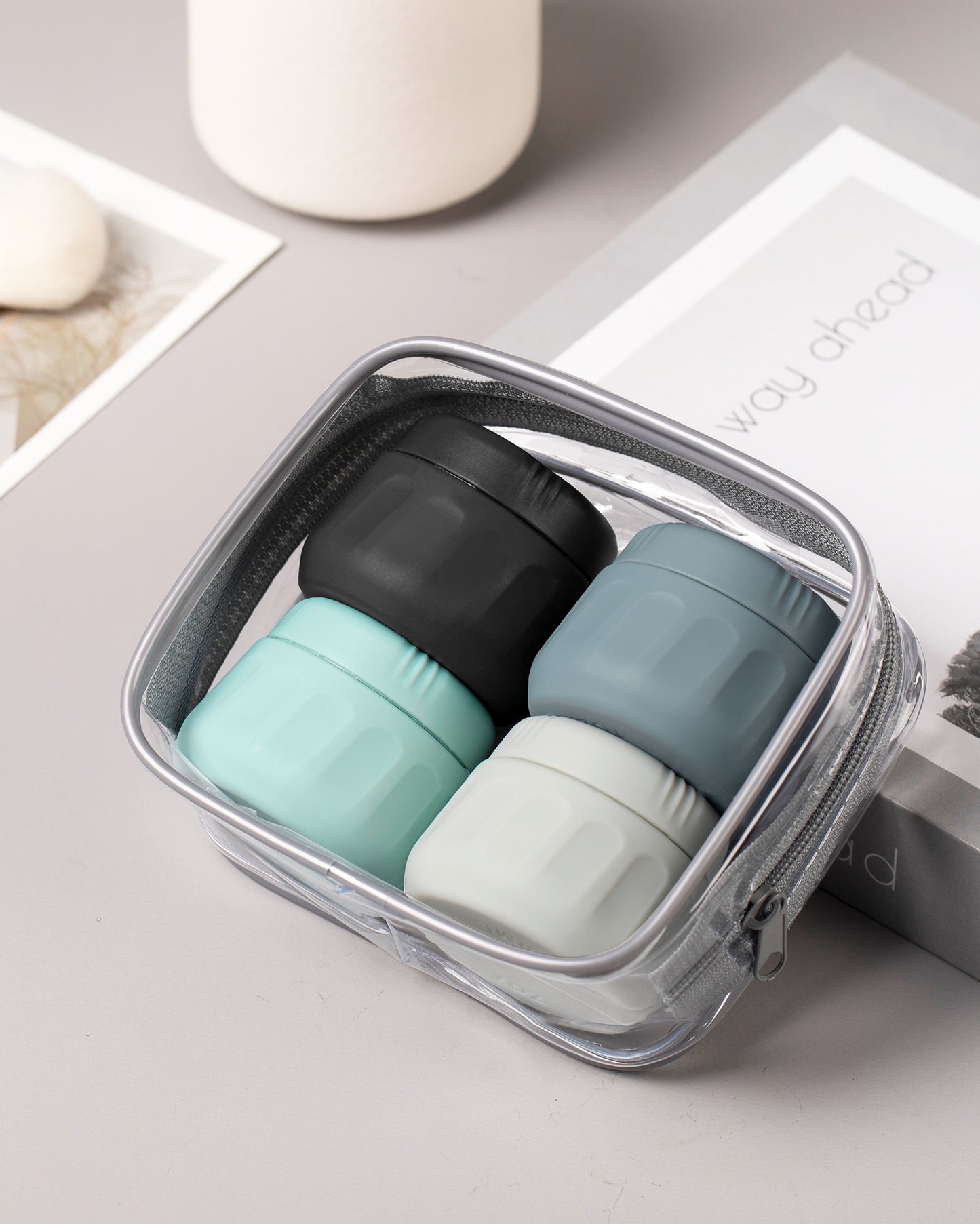 Micebay 1 oz Travel Size Toiletries, Tsa Approved Travel Containers for Toiletries [Includes 4 Jars with Bag],Gray, 4 Pack