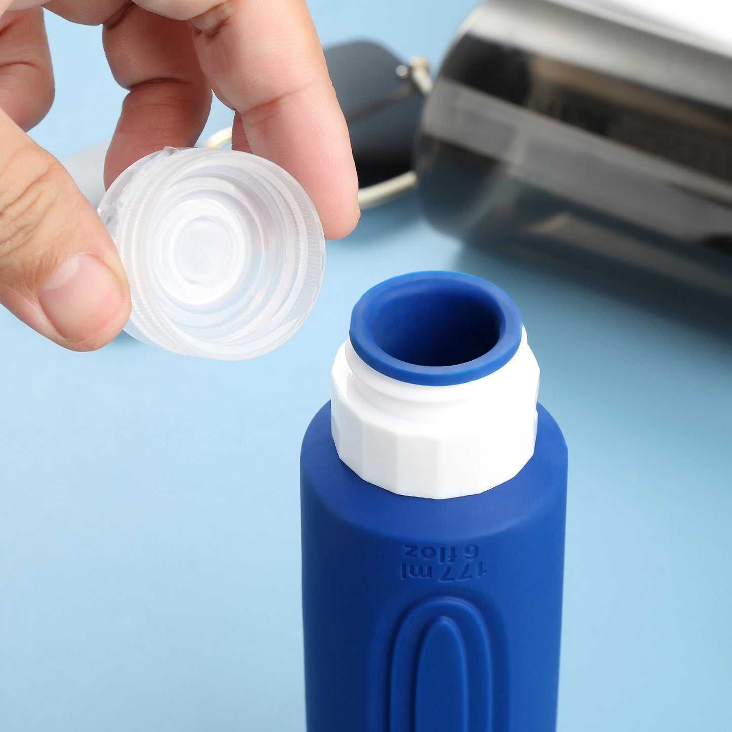 Micebay Leak-Proof 6-oz Silicone Squeezable Travel Bottles for Toiletries, Refillable Travel Size Containers, BPA Free, TSA Approved, Blue, 4 Pack