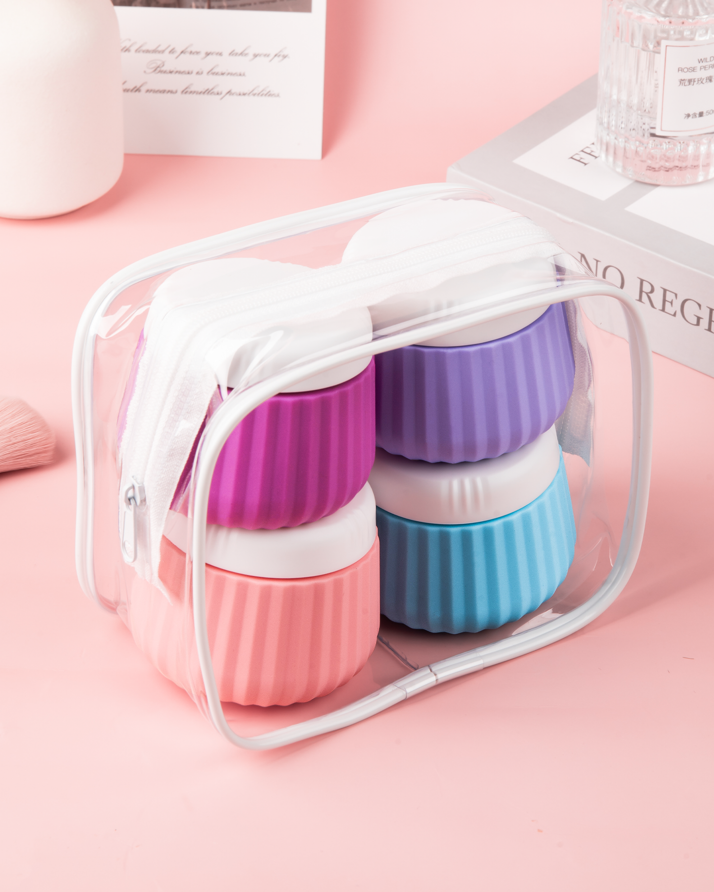 Micebay Travel Containers for Toiletries 4 Pack, TSA Approved Travel Size Toiletries, Travel Size Containers, With Clear Bag Leak Proof Silicone Jars, Travel Essentials Creams Jars Carrying Small Item