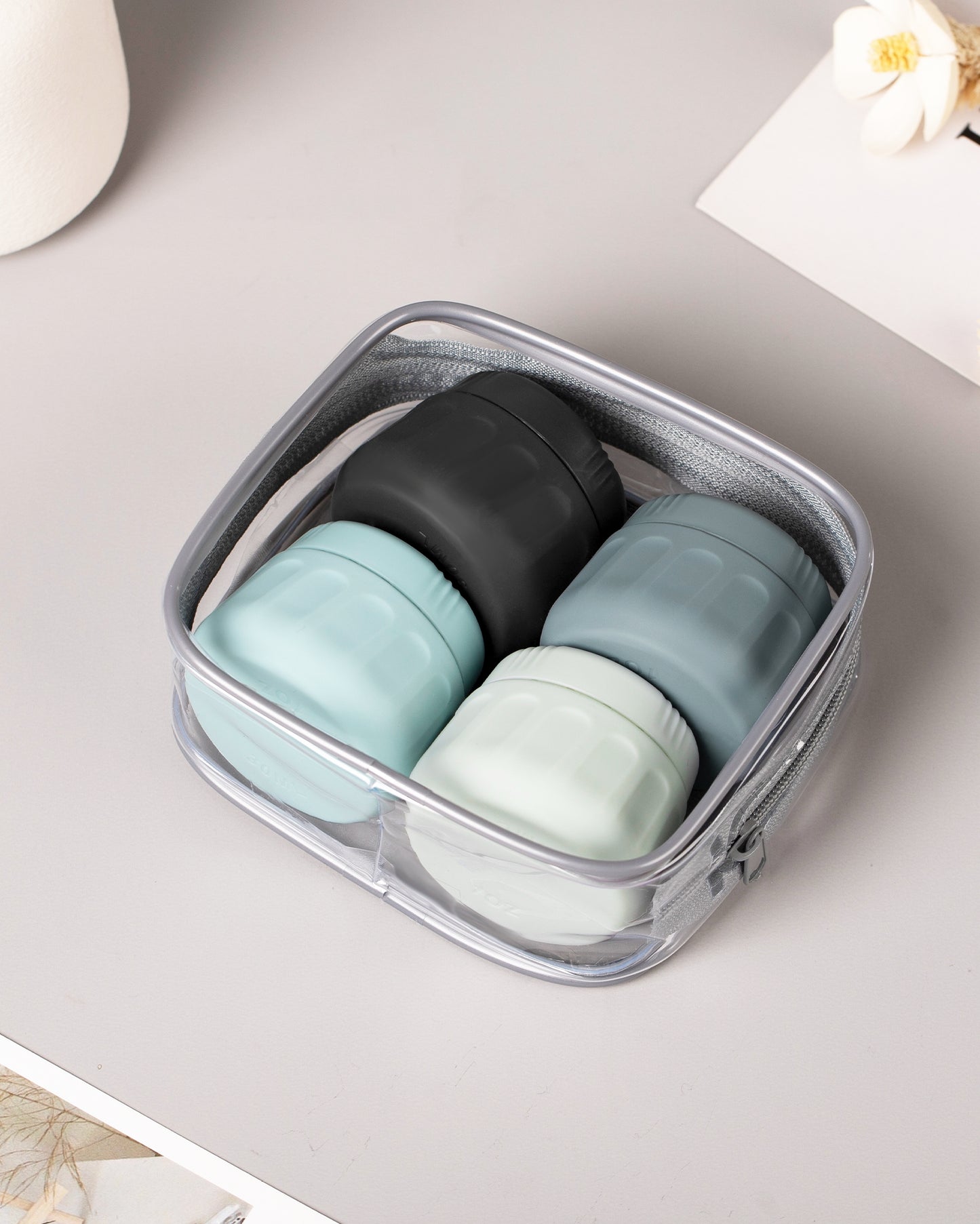 Micebay 1 oz Travel Size Toiletries, Tsa Approved Travel Containers for Toiletries [Includes 4 Jars with Bag],Gray, 4 Pack