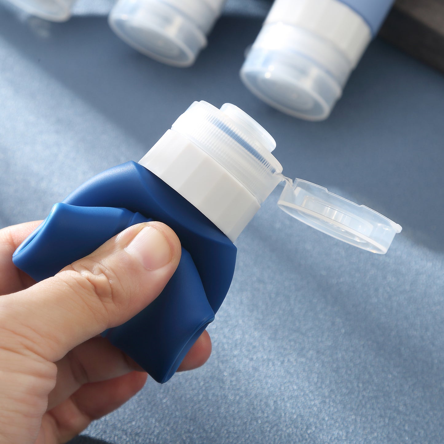 Micebay Leak-Proof 3-oz Silicone Squeezable Travel Bottles for Toiletries, Refillable Travel Size Containers, BPA Free, TSA Approved, Blue, 4 Pack