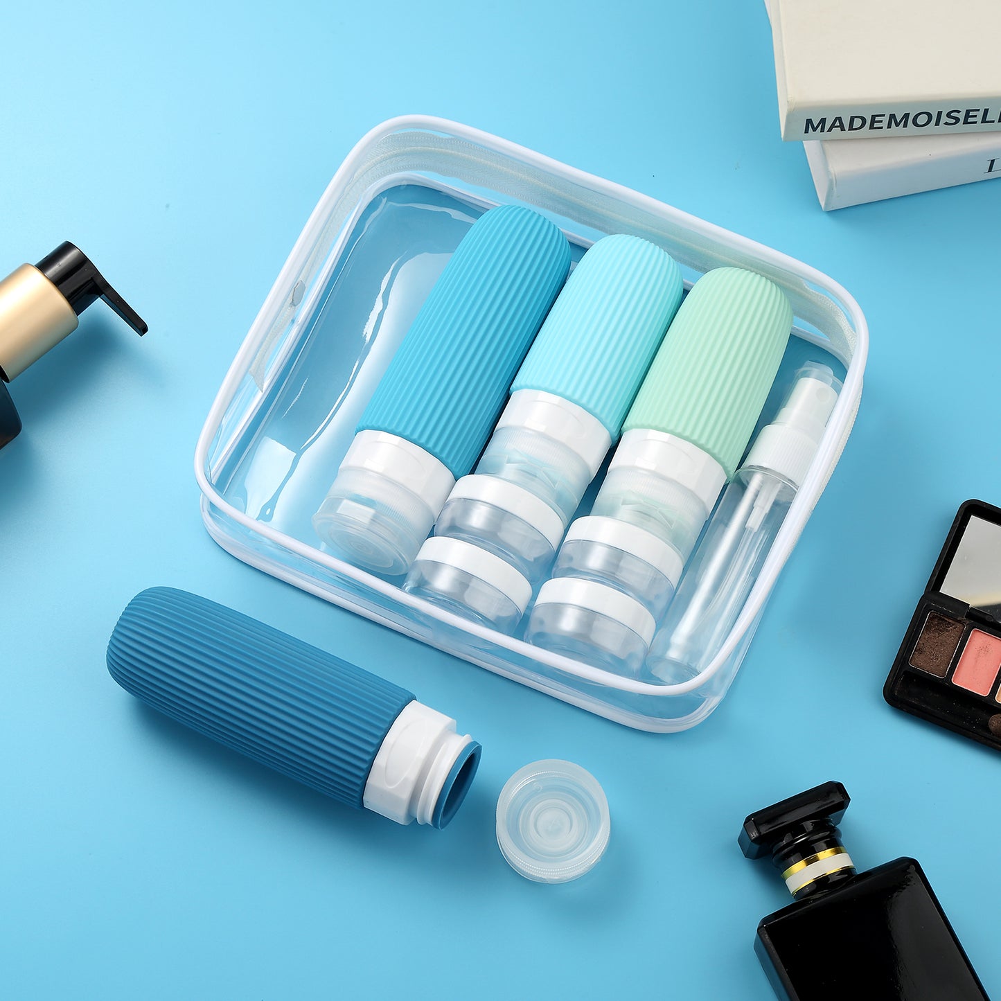 Micebay Silicone Travel Bottles, Leak Proof Toiletry Containers for Shampoo, Conditioner & Lotion, Blue