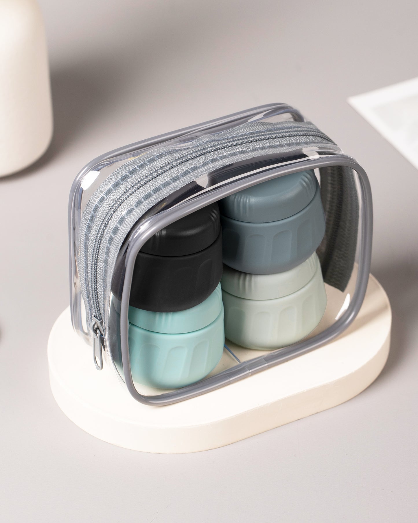 Micebay 1 oz Travel Size Toiletries, Tsa Approved Travel Containers for Toiletries [Includes 4 Jars with Bag],Gray, 4 Pack