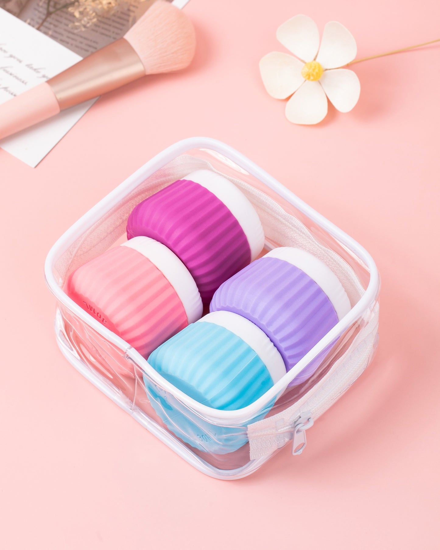 Micebay Travel Containers for Toiletries 4 Pack, TSA Approved Travel Size Toiletries, Portable Size Containers, With Clear Bag Leak Proof Silicone Jars, Essentials Creams Jars Carrying Small Items
