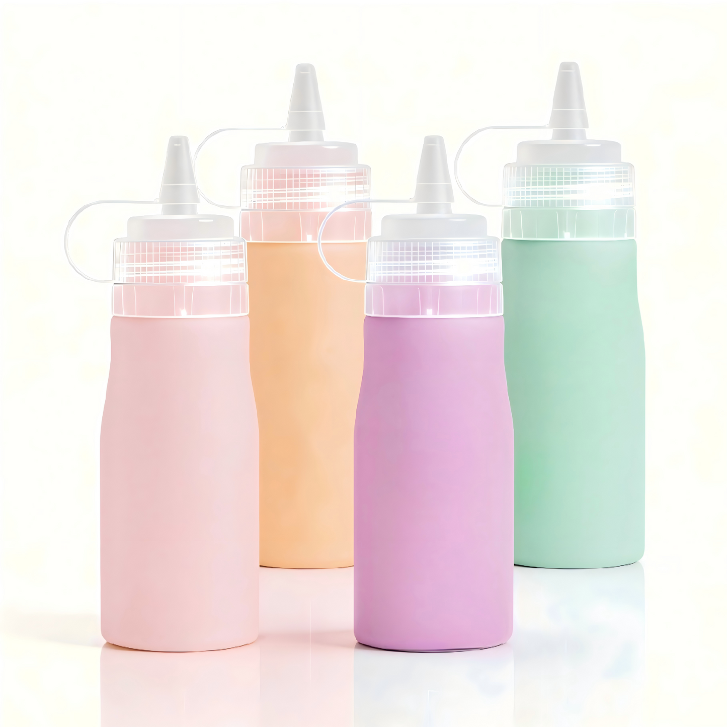 Micebay 16 oz Silicone Condiment Squeeze Bottles, Leak Proof, BPA Free, with Interchangeable Lids, Set of 4 for Oil, Honey, Dressing, Pink