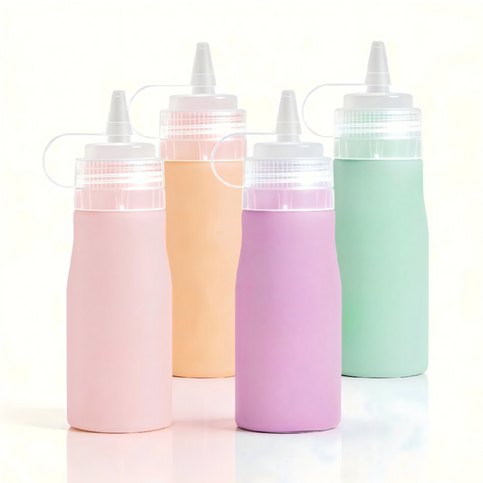 Micebay 16 oz Silicone Condiment Squeeze Bottles, Leak Proof, BPA Free, with Interchangeable Lids, Set of 4 for Oil, Honey, Dressing, Pink