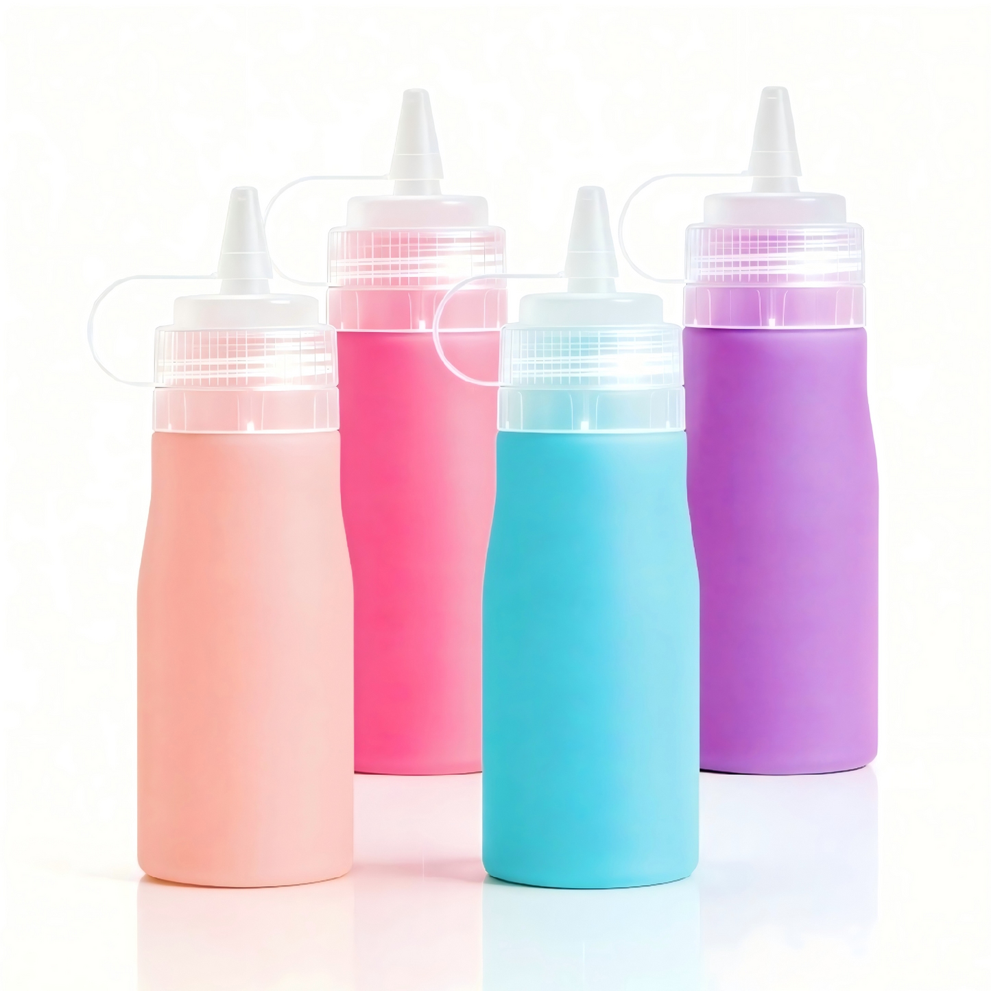 Micebay 16 oz Silicone Condiment Squeeze Bottles, Leak Proof, BPA Free, with Interchangeable Lids, Set of 4 for Oil, Honey, Dressing, Purple