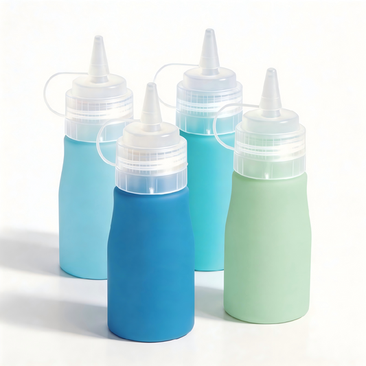 Micebay 12 oz Silicone Condiment Squeeze Bottles, Leak Proof, BPA Free, with Interchangeable Lids, Set of 4 for Oil, Honey, Dressing, Blue