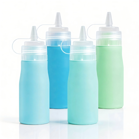 Micebay 16 oz Silicone Condiment Squeeze Bottles, Leak Proof, BPA Free, with Interchangeable Lids, Set of 4 for Oil, Honey, Dressing, Blue