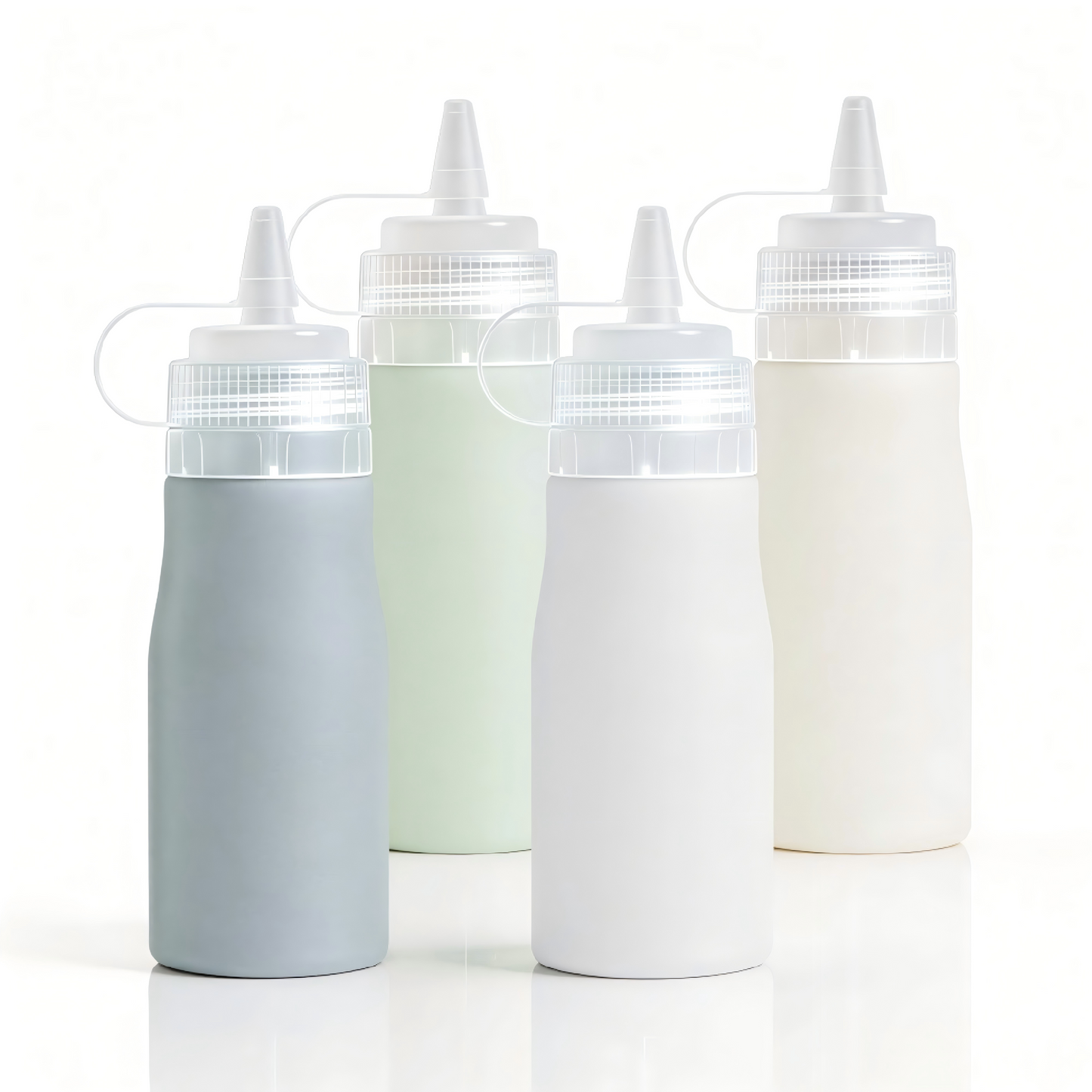 Micebay 16 oz Silicone Condiment Squeeze Bottles, Leak Proof, BPA Free, with Interchangeable Lids, Set of 4 for Oil, Honey, Dressing,Grey