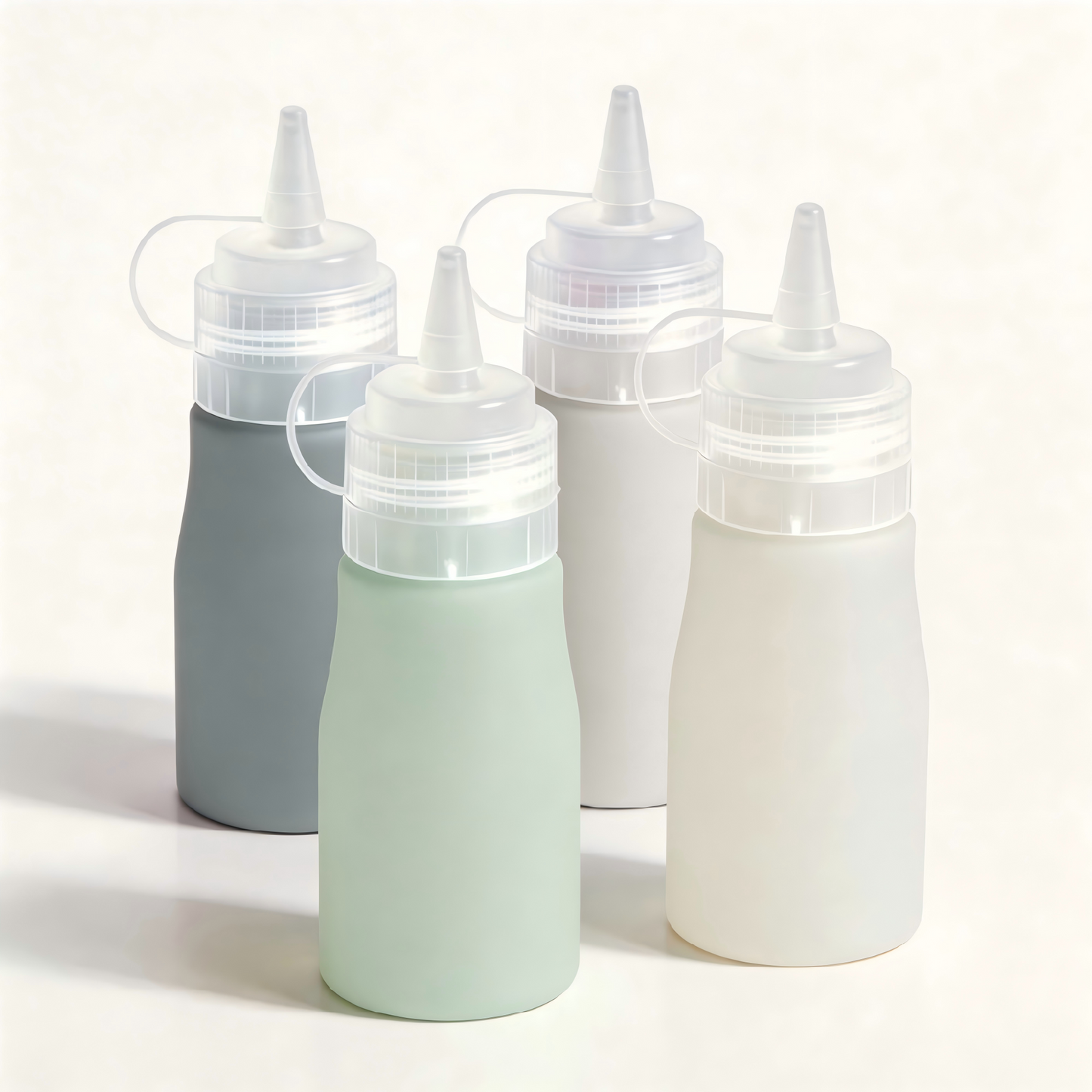 Micebay 12 oz Silicone Condiment Squeeze Bottles, Leak Proof, BPA Free, with Interchangeable Lids, Set of 4 for Oil, Honey, Dressing, Grey