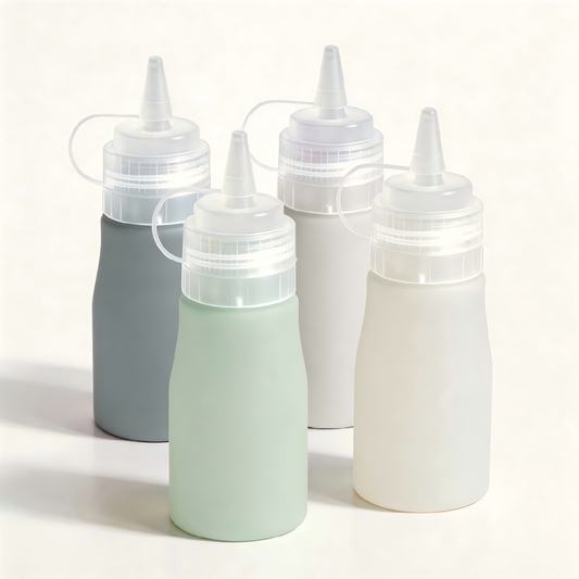 Micebay 12 oz Silicone Condiment Squeeze Bottles, Leak Proof, BPA Free, with Interchangeable Lids, Set of 4 for Oil, Honey, Dressing, Grey