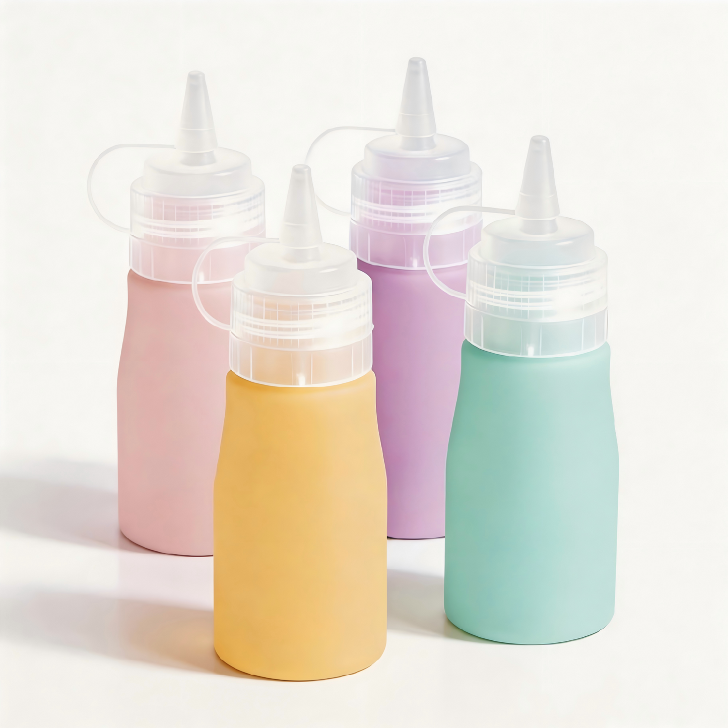 Micebay 12 oz Silicone Condiment Squeeze Bottles, Leak Proof, BPA Free, with Interchangeable Lids, Set of 4 for Oil, Honey, Dressing, Pink