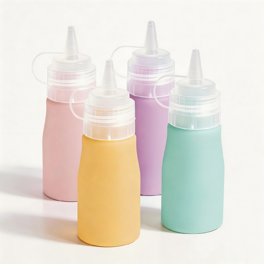 Micebay 12 oz Silicone Condiment Squeeze Bottles, Leak Proof, BPA Free, with Interchangeable Lids, Set of 4 for Oil, Honey, Dressing, Pink