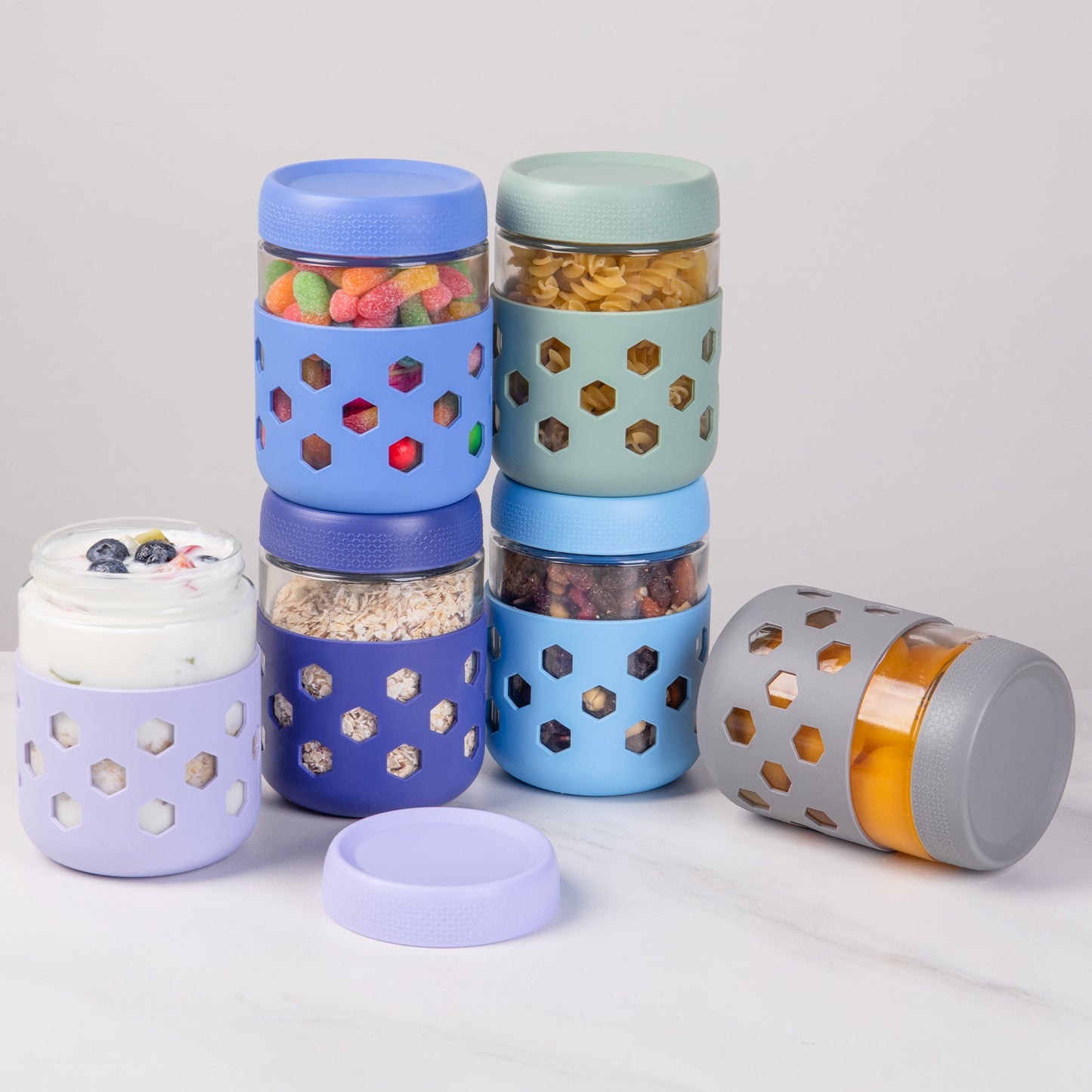 Micebay 6-Pack 16 oz Glass Mason Jars with Silicone Sleeves, Airtight BPA-Free Overnight Oats Containers with Lids, Dishwasher Safe Leak-Proof Meal Prep Jars for Chia Pudding, Yogurt, Snacks