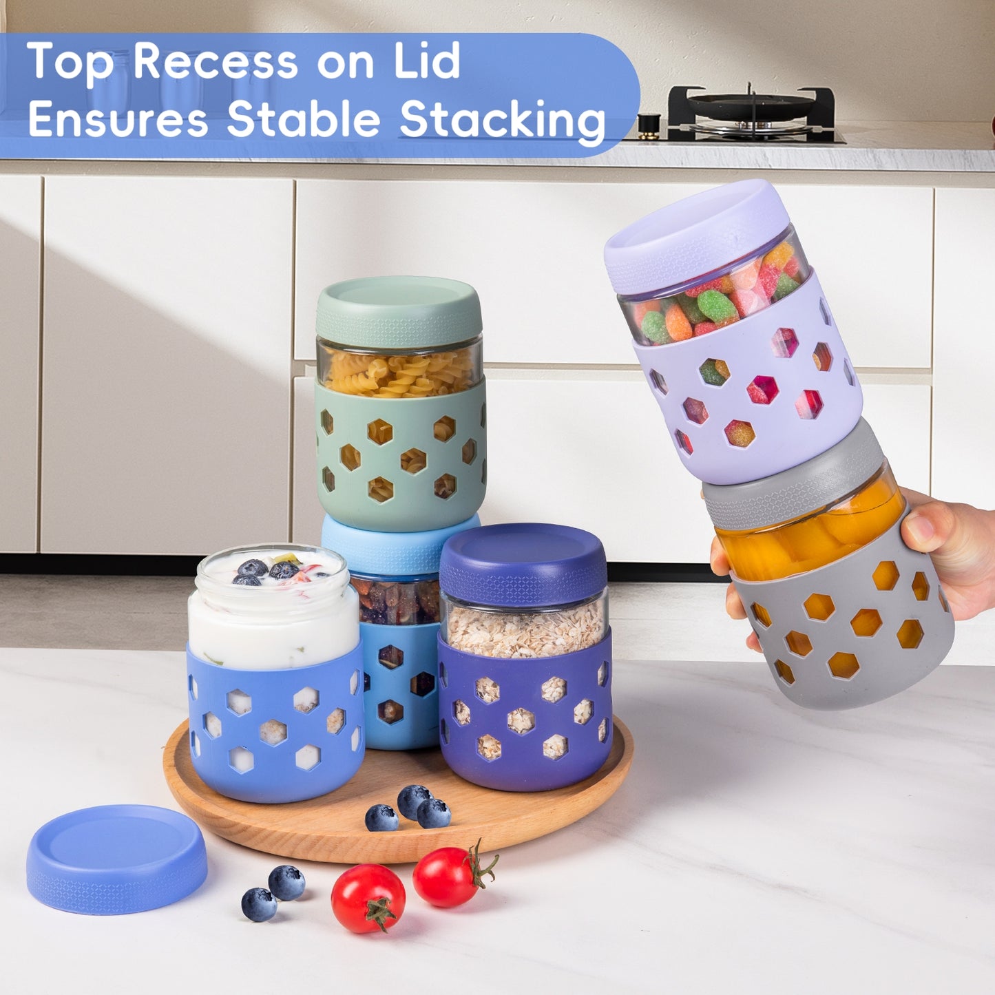 Micebay 6-Pack 16 oz Glass Mason Jars with Silicone Sleeves, Airtight BPA-Free Overnight Oats Containers with Lids, Dishwasher Safe Leak-Proof Meal Prep Jars for Chia Pudding, Yogurt, Snacks