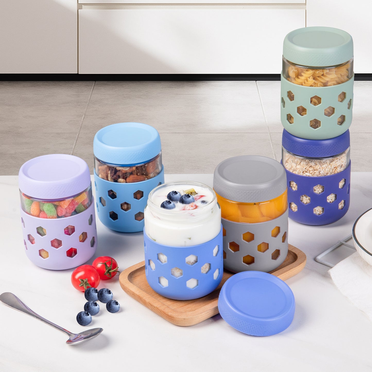 Micebay 6-Pack 16 oz Glass Mason Jars with Silicone Sleeves, Airtight BPA-Free Overnight Oats Containers with Lids, Dishwasher Safe Leak-Proof Meal Prep Jars for Chia Pudding, Yogurt, Snacks
