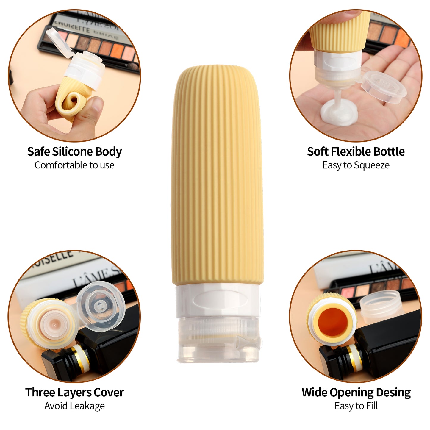 Micebay Silicone Travel Bottles, Leak Proof Toiletry Containers for Shampoo, Conditioner & Lotion, Yellow