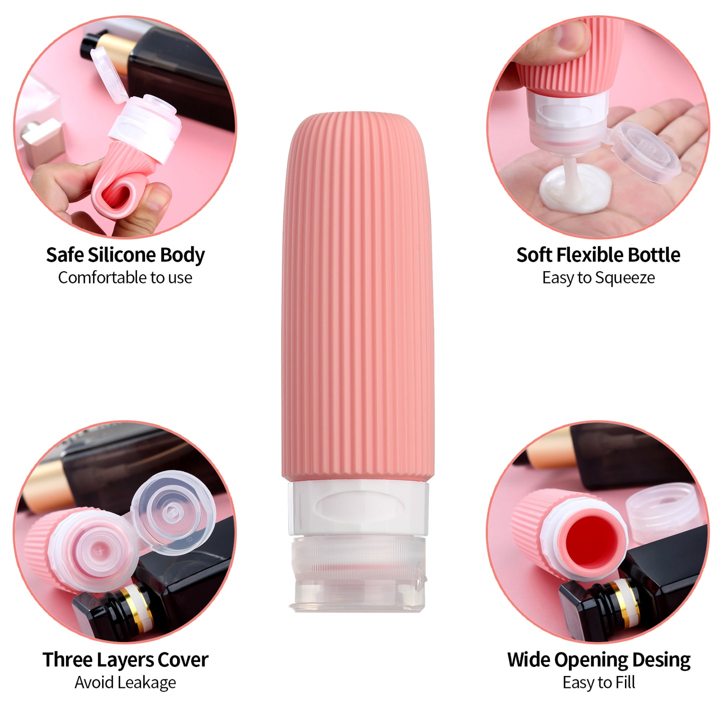 Micebay Silicone Travel Bottles, Leak Proof Toiletry Containers for Shampoo, Conditioner & Lotion, Pink