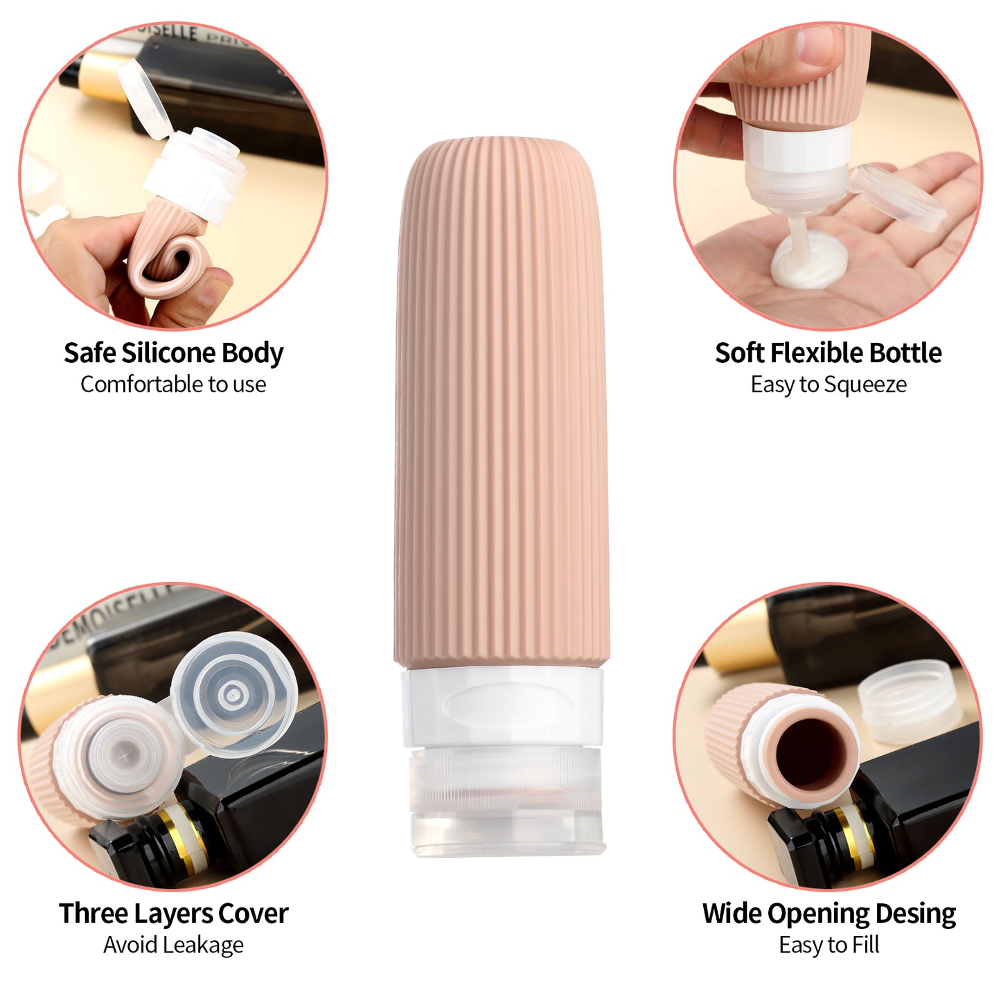 Micebay Silicone Travel Bottles, Leak Proof Toiletry Containers for Shampoo, Conditioner & Lotion, Apricot