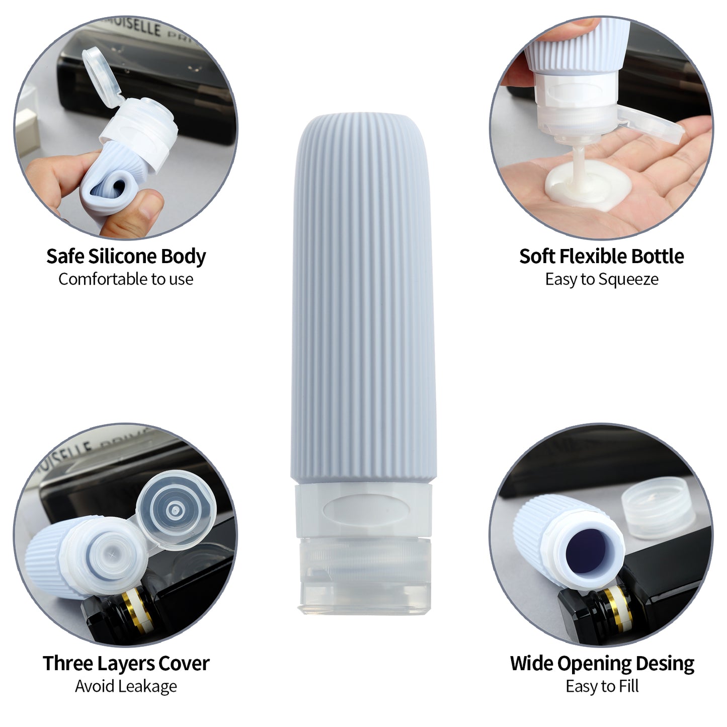 Micebay Silicone Travel Bottles, Leak Proof Toiletry Containers for Shampoo, Conditioner & Lotion, Grey