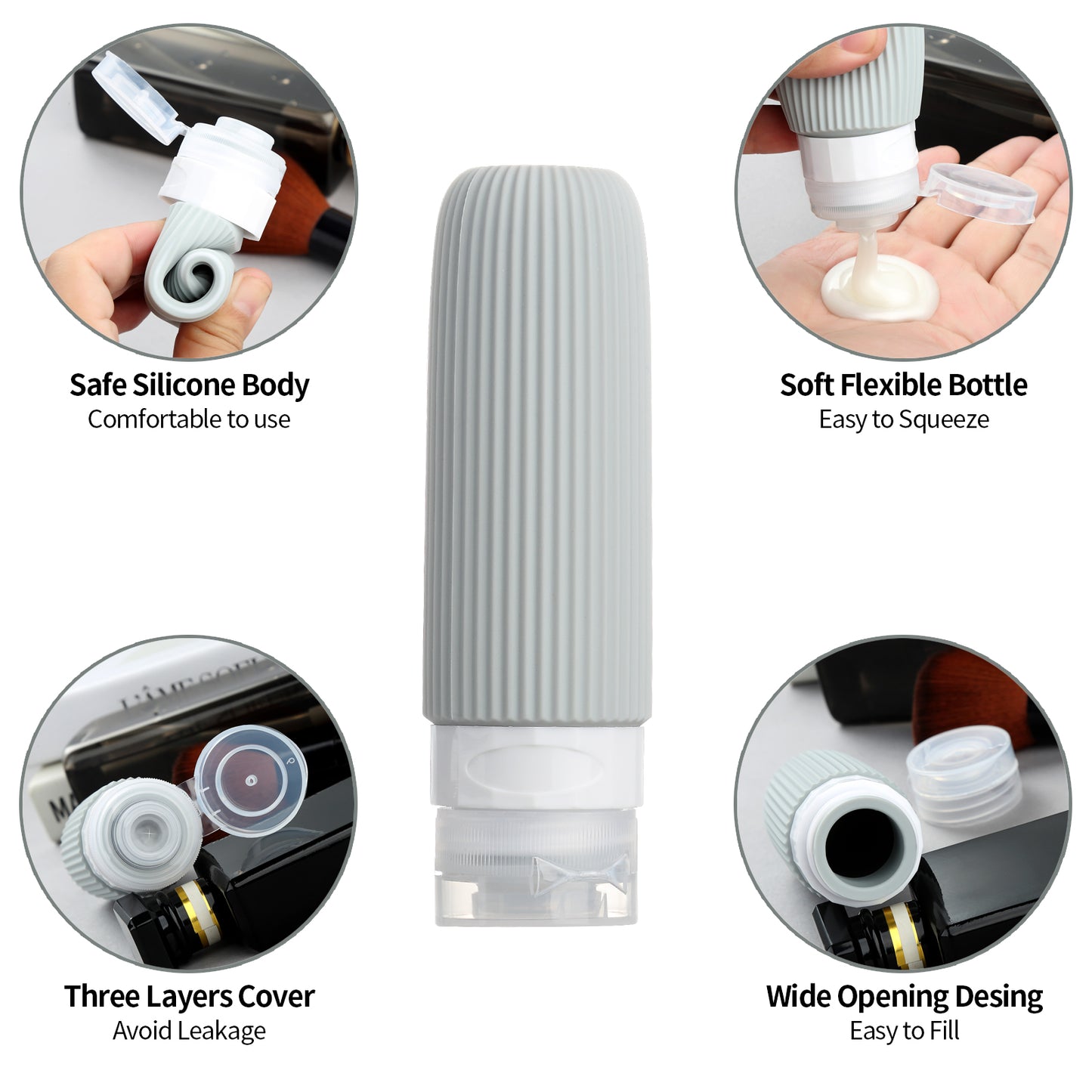 Micebay 6oz Silicone Travel Bottles, Leak Proof Toiletry Containers for Shampoo, Conditioner & Lotion, Grey
