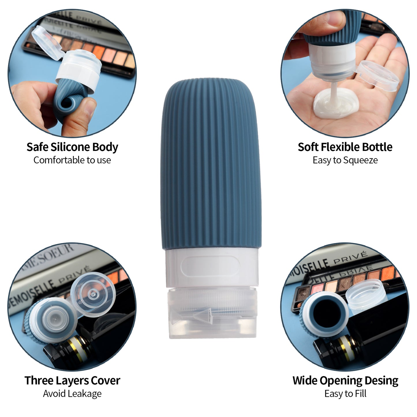 Micebay Silicone Travel Bottles, Leak Proof Toiletry Containers for Shampoo, Conditioner & Lotion, Navy