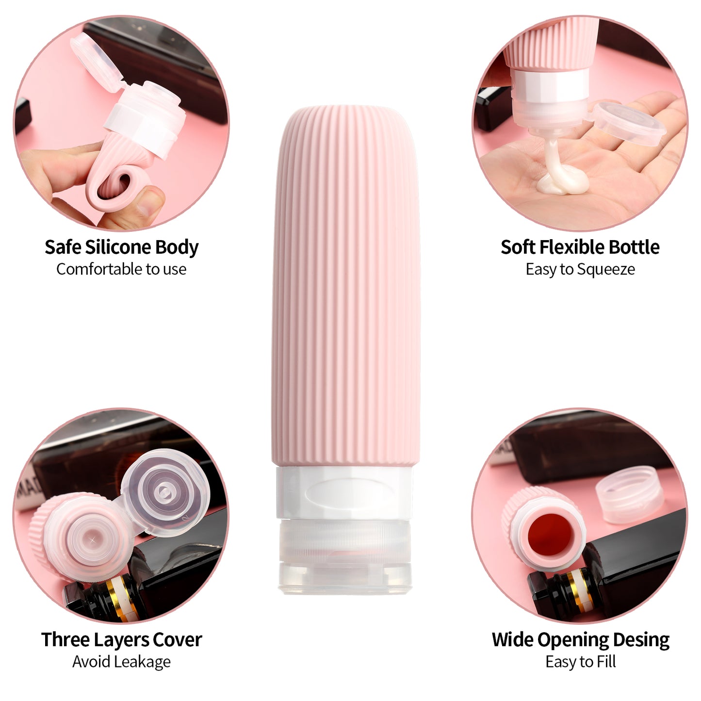 Micebay 6oz Silicone Travel Bottles, Leak Proof Toiletry Containers for Shampoo, Conditioner & Lotion, Pink