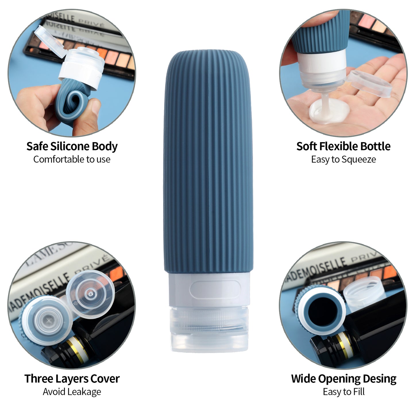Micebay 6oz Silicone Travel Bottles, Leak Proof Toiletry Containers for Shampoo, Conditioner & Lotion, Navy