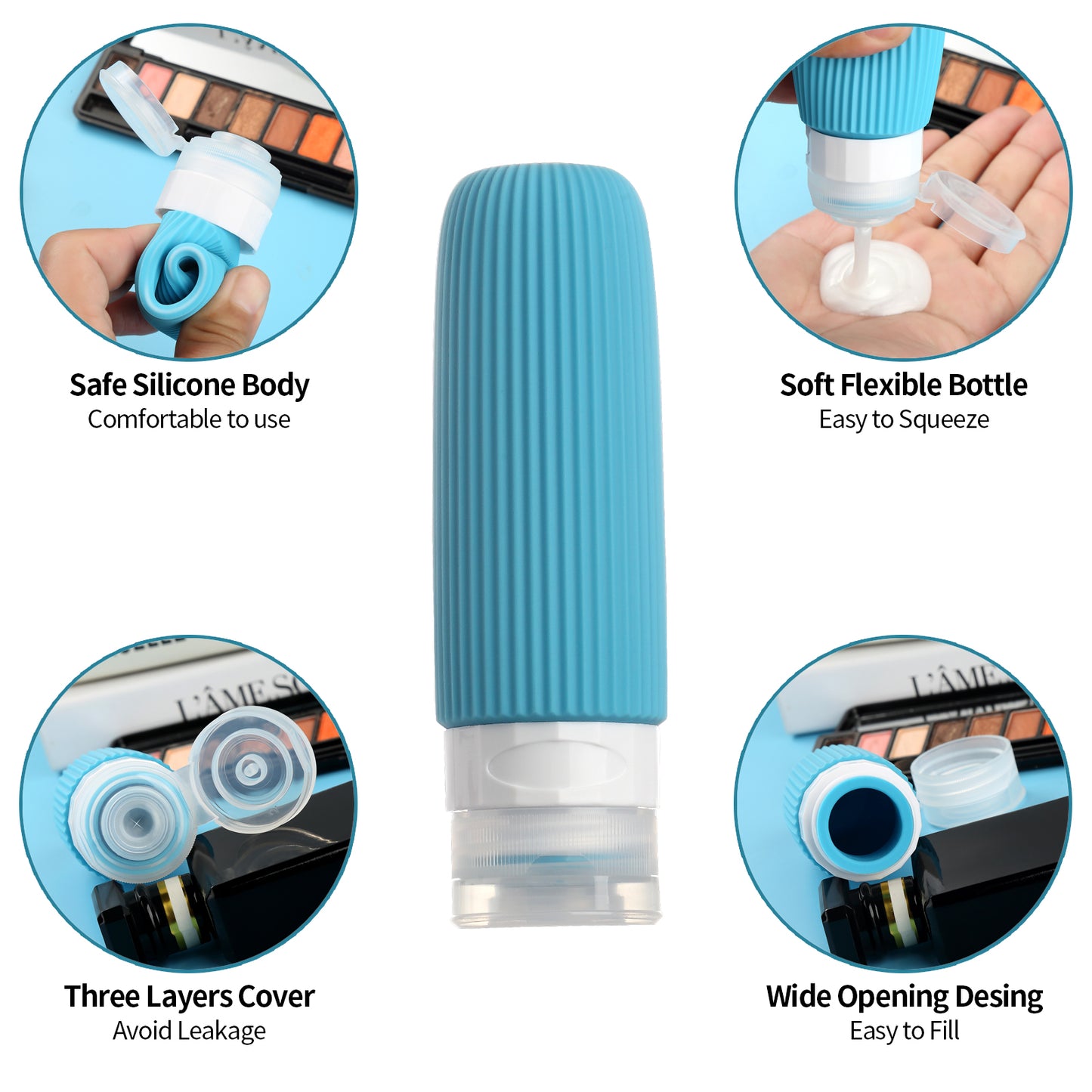 Micebay Silicone Travel Bottles, Leak Proof Toiletry Containers for Shampoo, Conditioner & Lotion, Blue